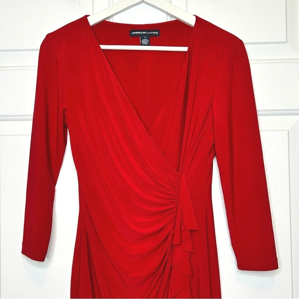 American‎ Living Red 3/4 Sleeve Ruched Sheath Dress Career Cocktail Party